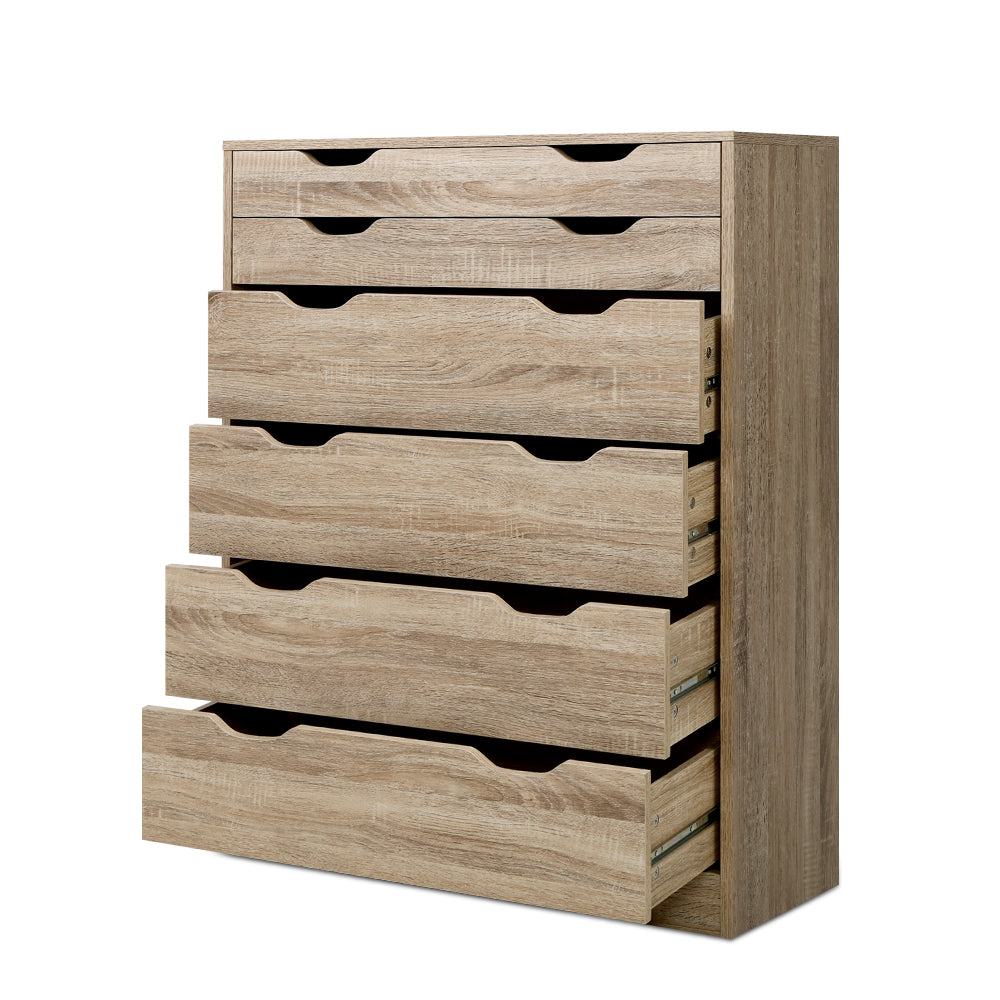 6 Drawer Tallboy Storage Dresser Oak with two shallow and four deep drawers in natural oak finish for bedroom furniture