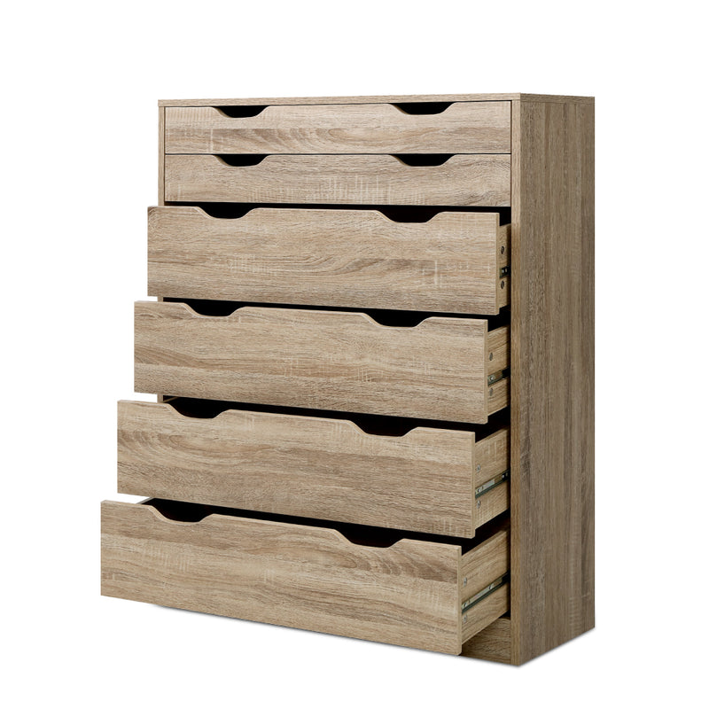 6 Drawer Tallboy Storage Dresser Oak with two shallow and four deep drawers in natural oak finish for bedroom furniture