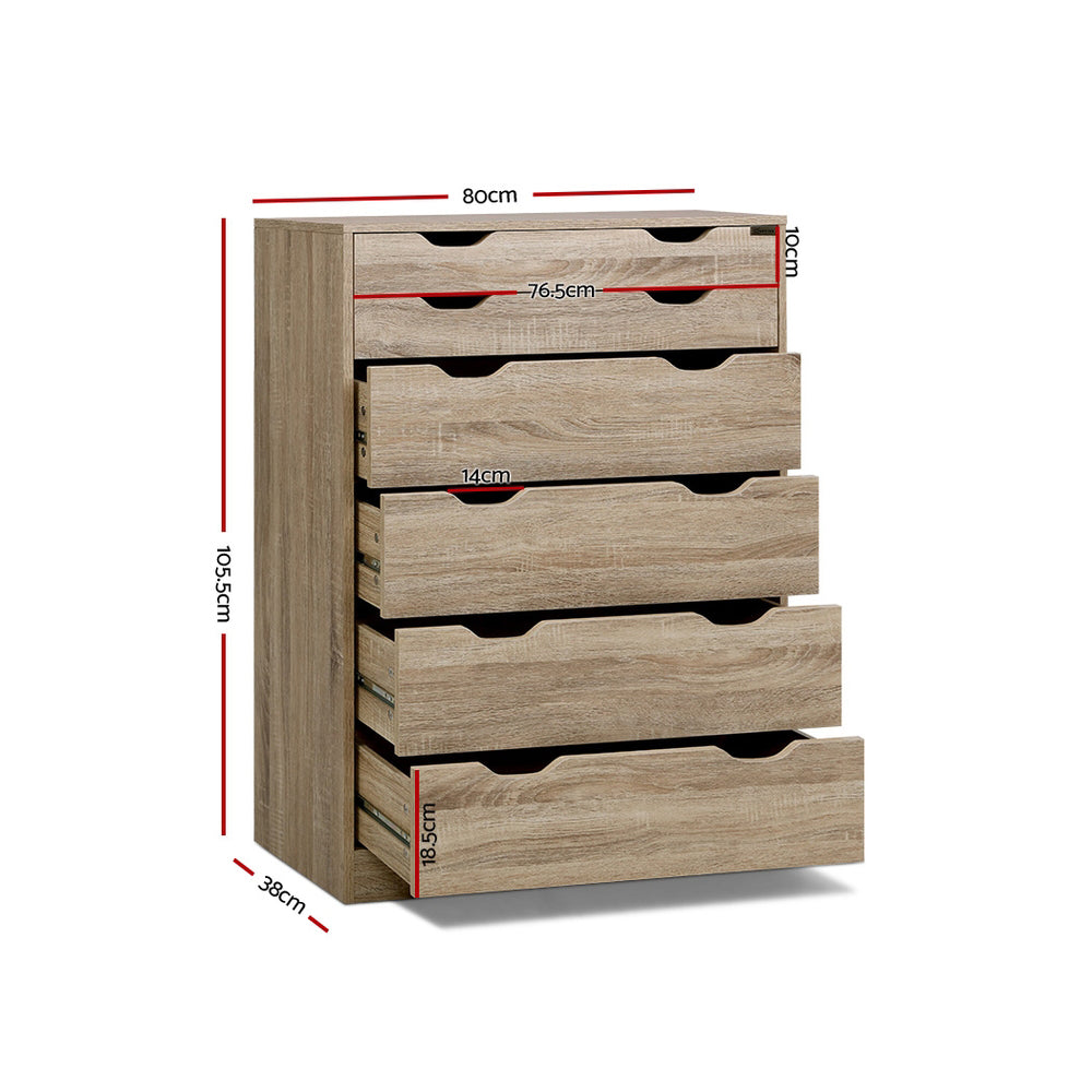 6 Drawer Tallboy Storage Dresser Oak with two shallow and four deep drawers, showing dimensions on white background