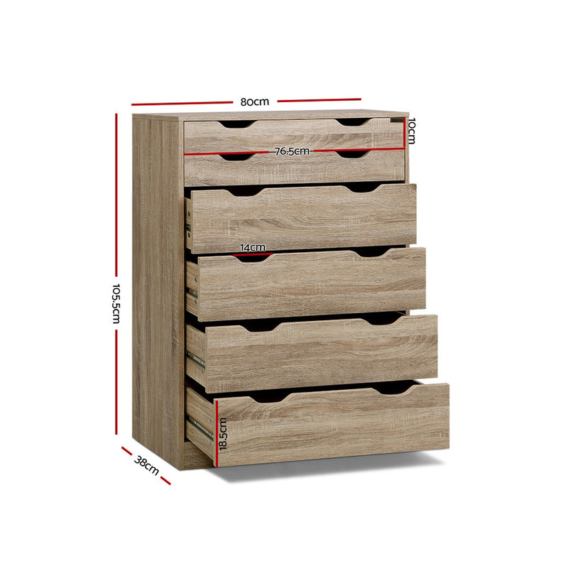 6 Drawer Tallboy Storage Dresser Oak with two shallow and four deep drawers, showing dimensions on white background
