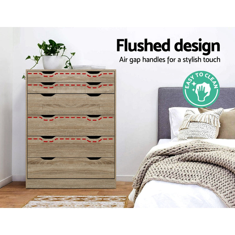 6 Drawer Tallboy Storage Dresser Oak with flushed design, air gap handles, six drawers, styled in a bedroom setting with bedzy decor.