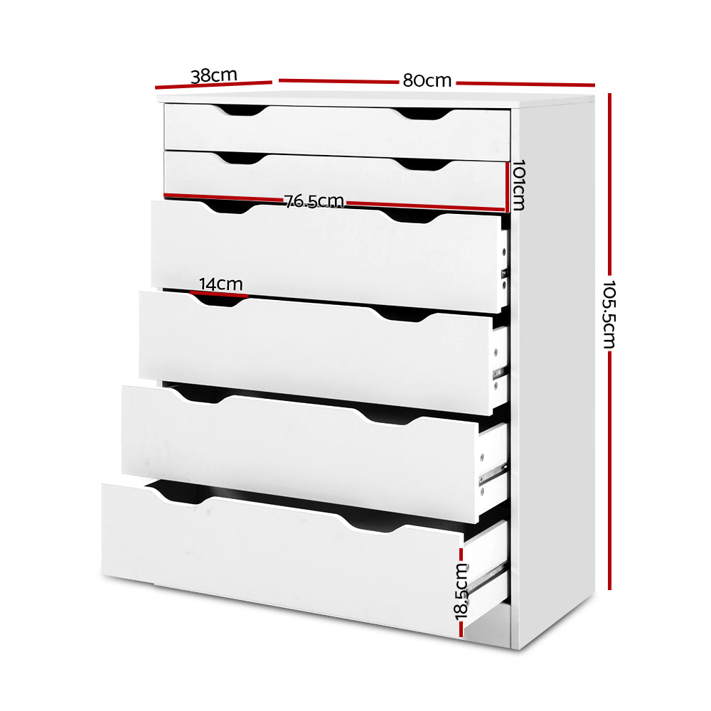 6 Drawer Tallboy Storage Dresser White with six spacious drawers and modern cut-out handles for bedroom storage by Bedzy