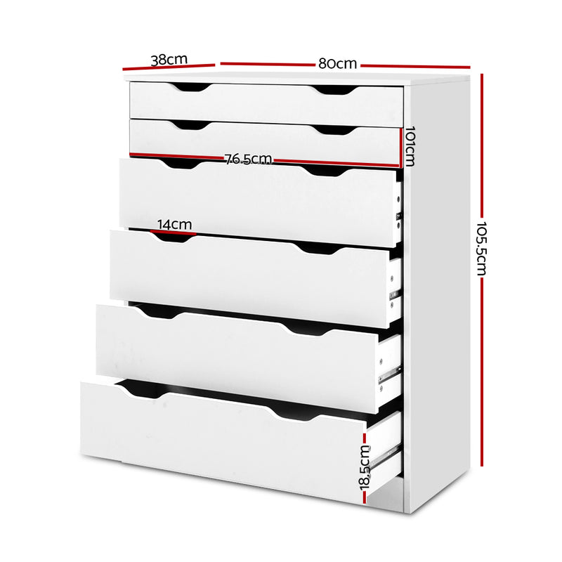 6 Drawer Tallboy Storage Dresser White with six spacious drawers and modern cut-out handles for bedroom storage by Bedzy