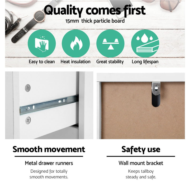 6 Drawer Tallboy Storage Dresser White highlighting metal drawer runners and wall mount bracket for smooth, safe use in bedroom furniture.