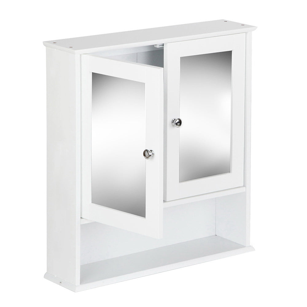 Bathroom Mirror Cabinet Storage Cupboard in white with double mirrored doors and open shelf on white background