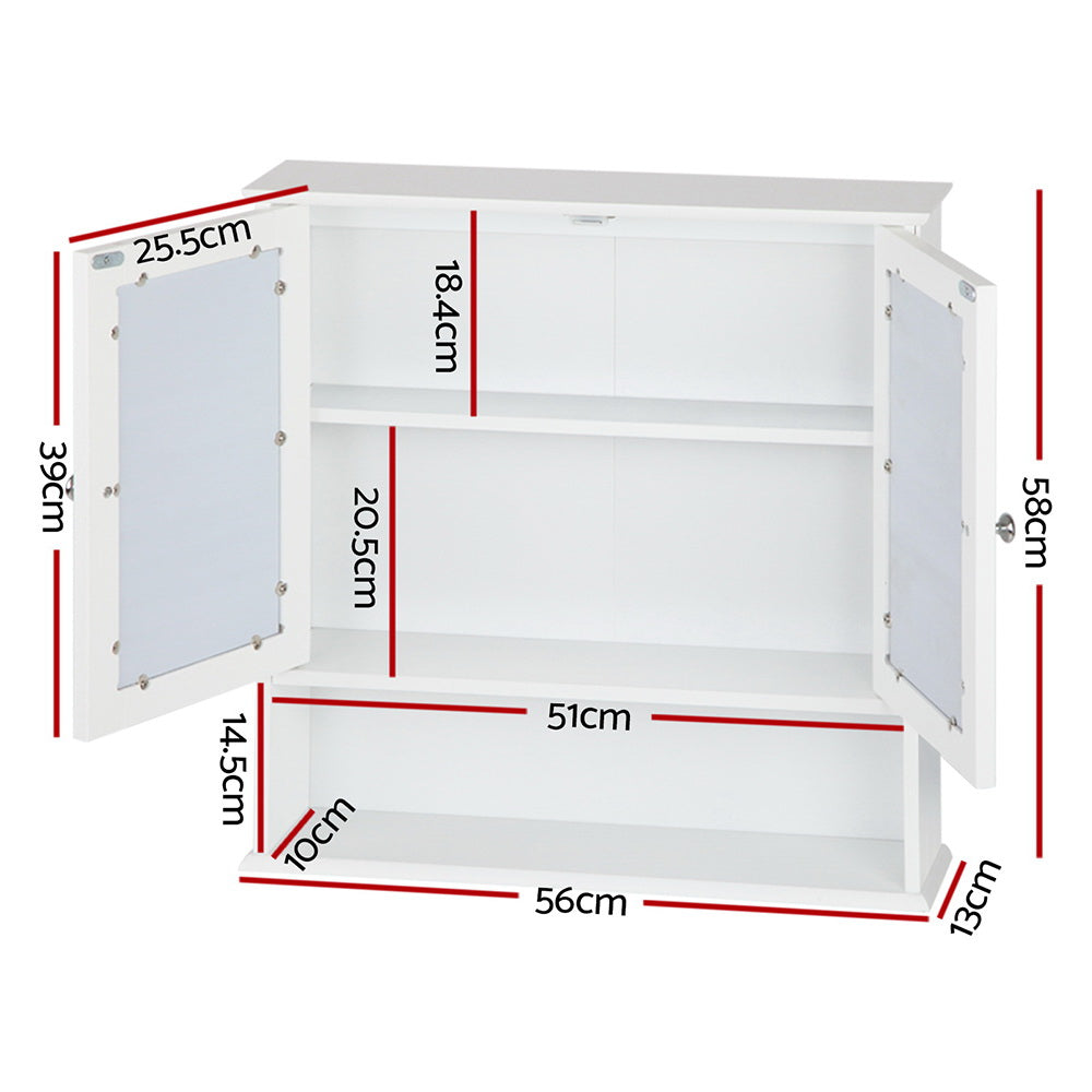 Bathroom Mirror Cabinet Storage Cupboard in white with double mirrored doors and open shelving, shown with dimensions.