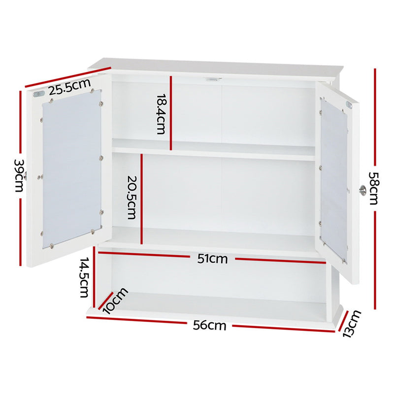 Bathroom Mirror Cabinet Storage Cupboard in white with double mirrored doors and open shelving, shown with dimensions.