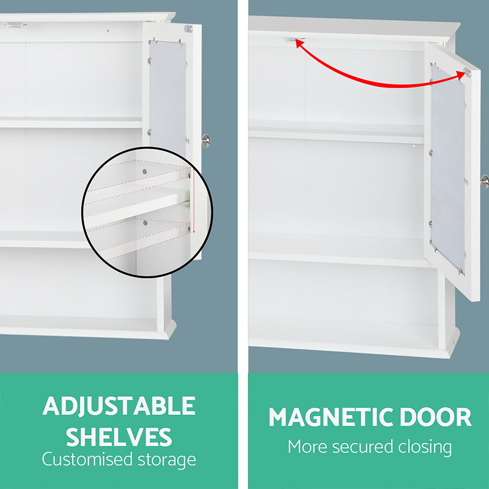 Bathroom Mirror Cabinet Storage Cupboard in white with adjustable shelves and magnetic door for secure closing.