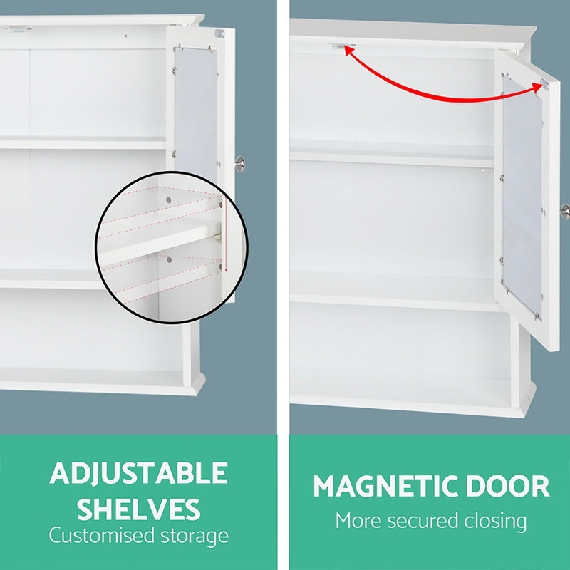 Bathroom Mirror Cabinet Storage Cupboard in white with adjustable shelves and magnetic door for secure closing.