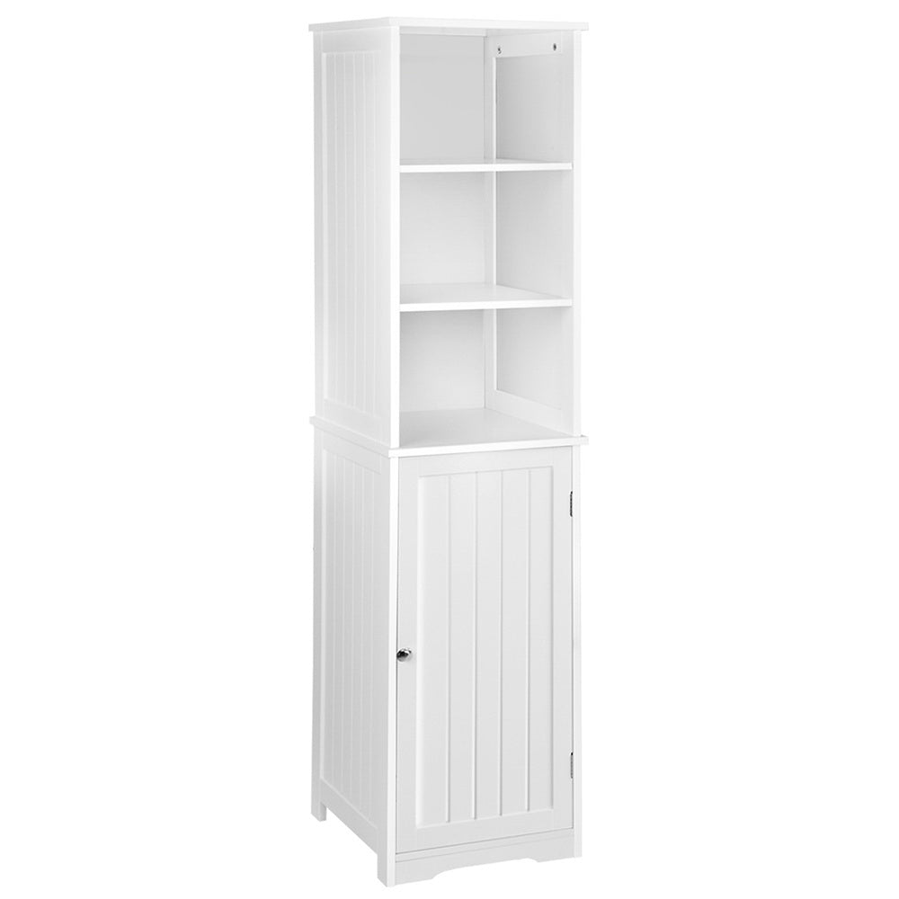 Bathroom Tallboy Furniture Toilet Storage Cabinet Laundry Cupboard Tall in white with open shelves and closed door storage compartment