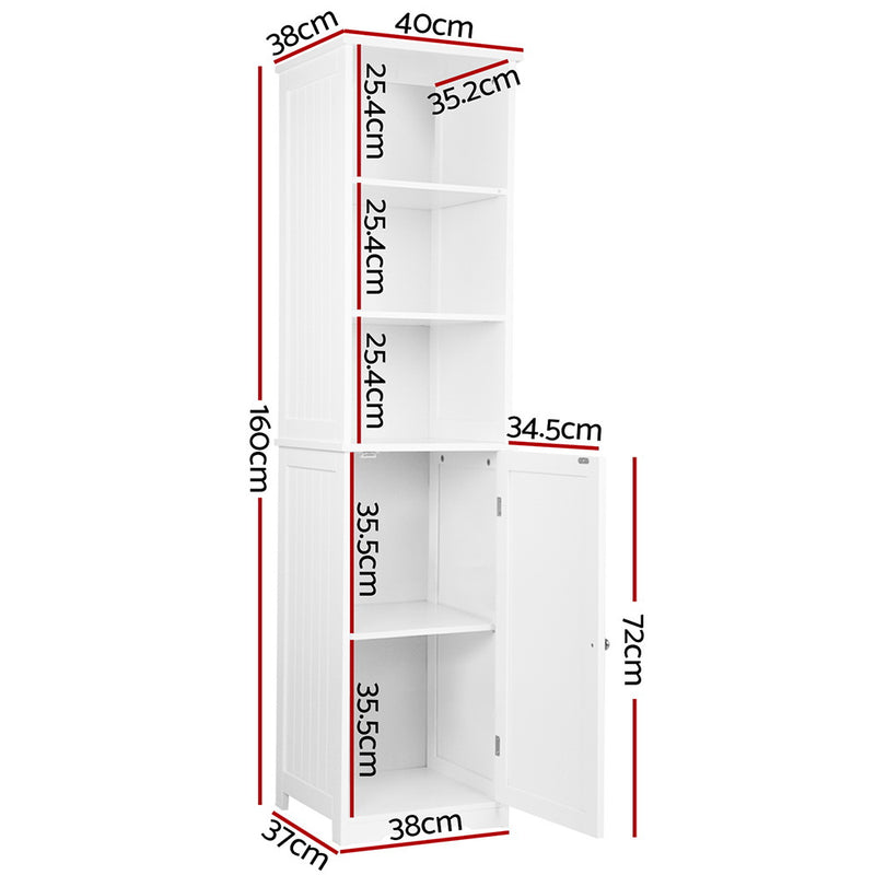 Bathroom Tallboy Furniture Toilet Storage Cabinet Laundry Cupboard Tall in white with open shelves and cabinet door, shown with product dimensions.