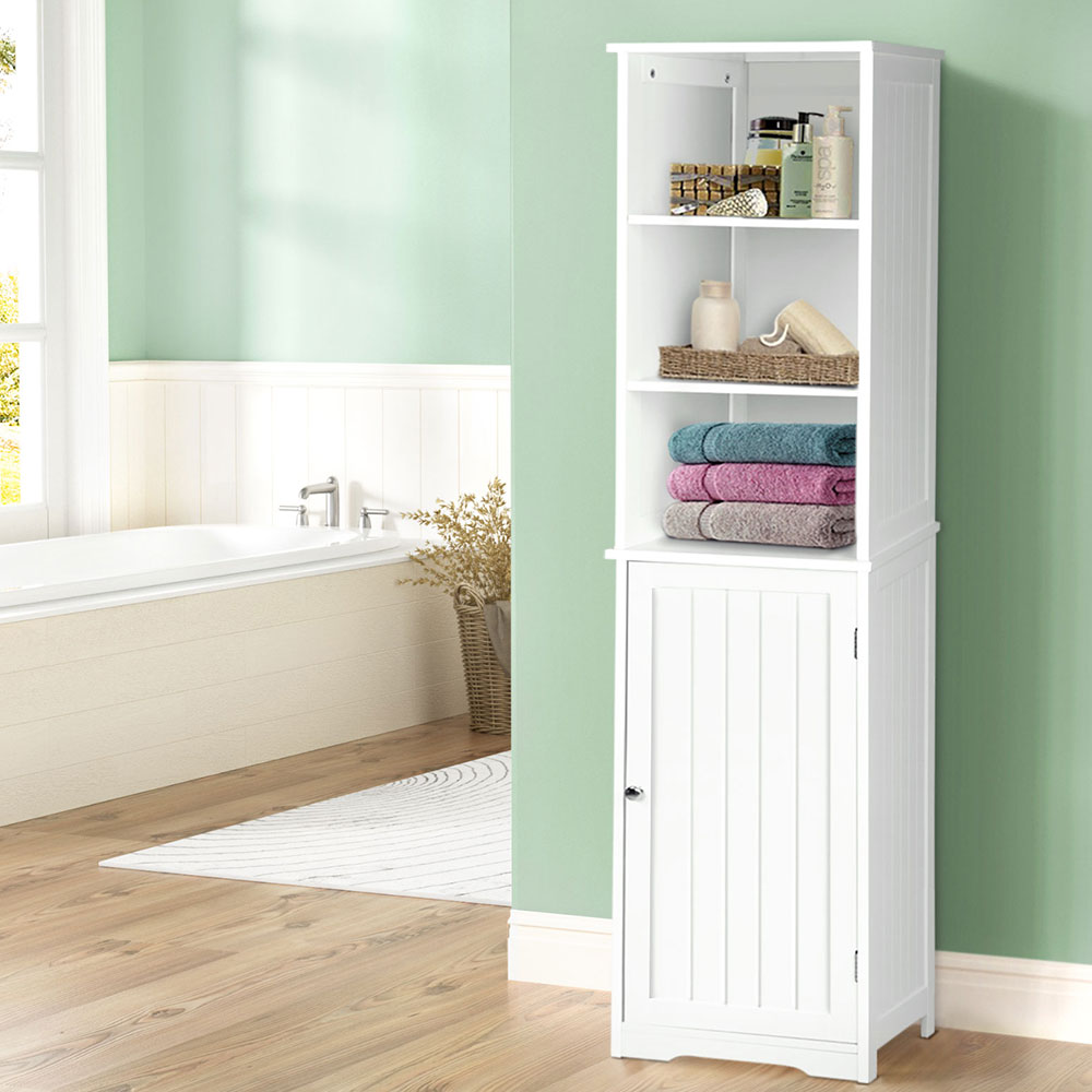 Bathroom Tallboy Furniture Toilet Storage Cabinet Laundry Cupboard Tall in white with shelves and closed storage in bathroom setting