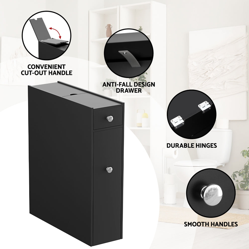 Bathroom Storage Cabinet Toilet Slim Tissue Box Caddy Holder Side Wooden Black with smooth handles and durable hinges in bathroom setting