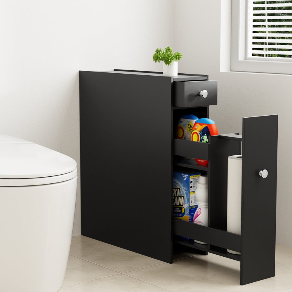 Bathroom Storage Cabinet Toilet Slim Tissue Box Caddy Holder Side Wooden Black with drawer and storage shelves in bathroom corner