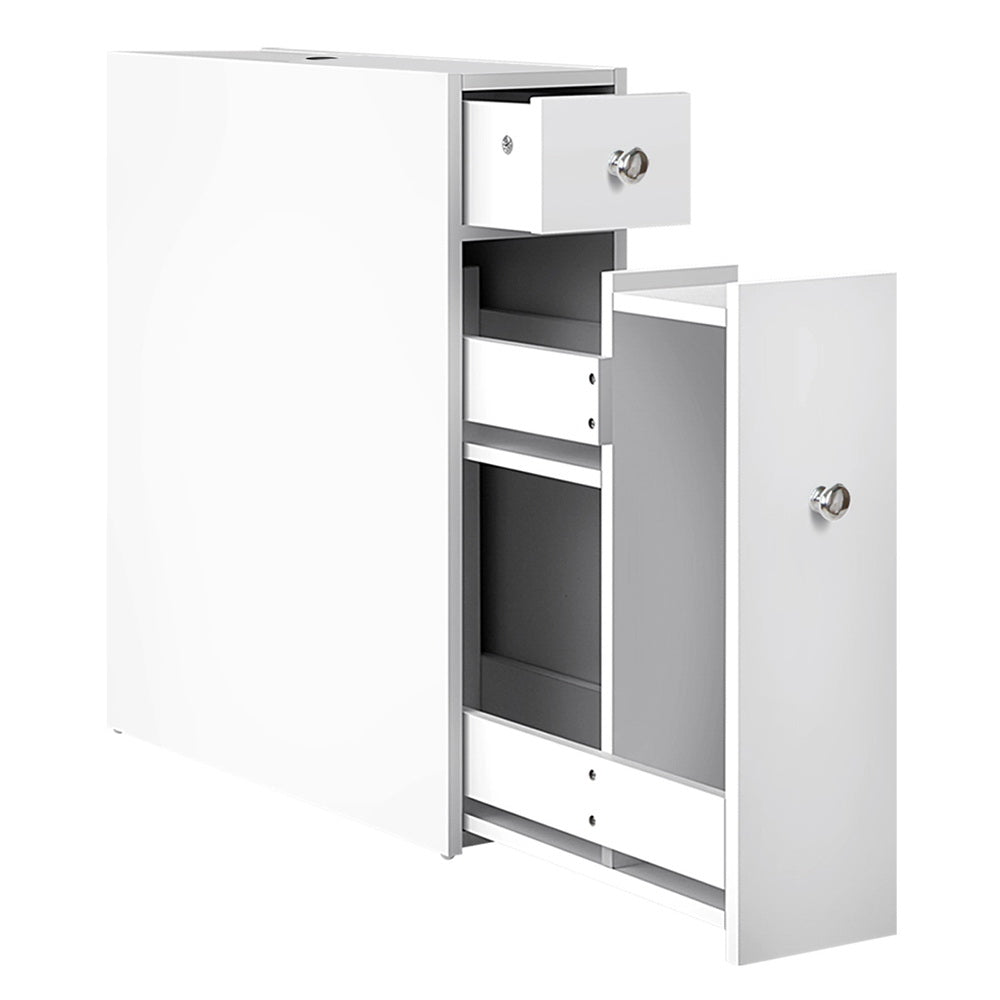 Bathroom Storage Cabinet Tissue Holder with white finish, open drawer and door, multiple storage compartments visible on white background