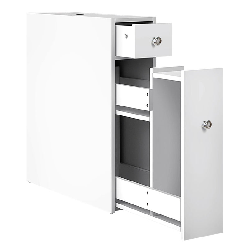 Bathroom Storage Cabinet Tissue Holder with white finish, open drawer and door, multiple storage compartments visible on white background