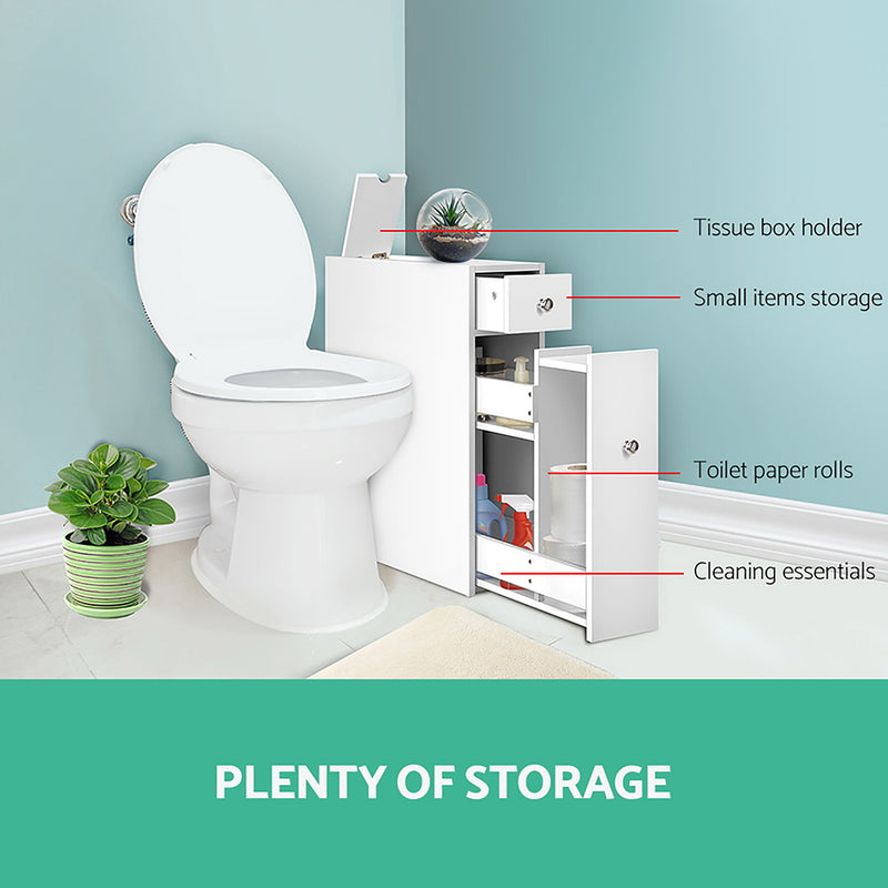 White Bathroom Storage Cabinet Tissue Holder with drawer, cabinet door for toilet rolls and cleaning supplies next to toilet