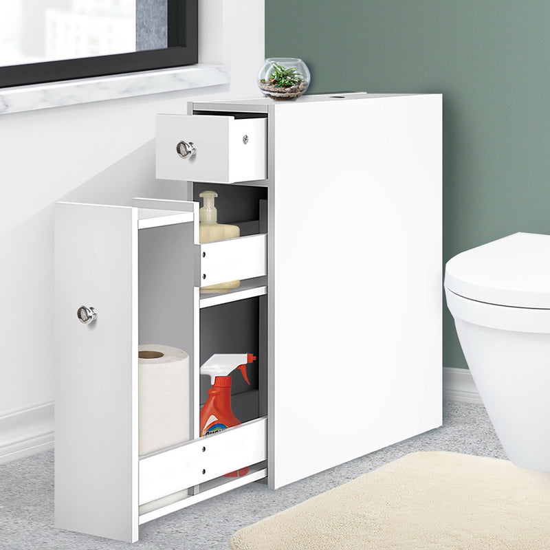 White Bathroom Storage Cabinet Tissue Holder with drawers and compartments for toiletries and cleaning supplies by toilet