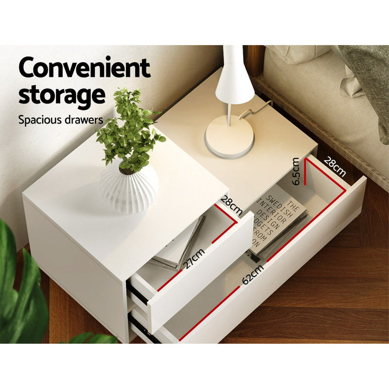 LED Bedside Table with 2 Drawers - White featuring spacious drawers, modern design, and built-in LED lighting for bedroom furniture