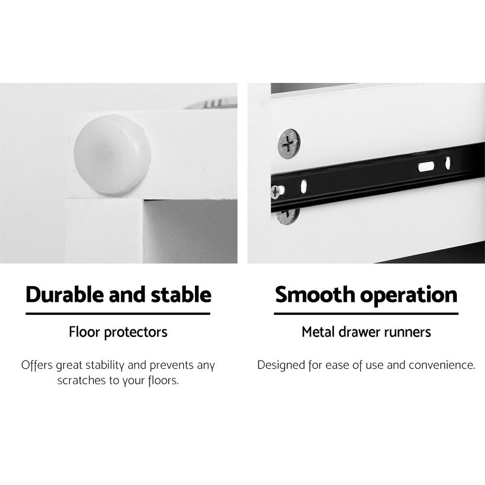 Close-up of floor protectors and metal drawer runners highlighting durability and smooth operation of LED Bedside Table with 2 Drawers - White