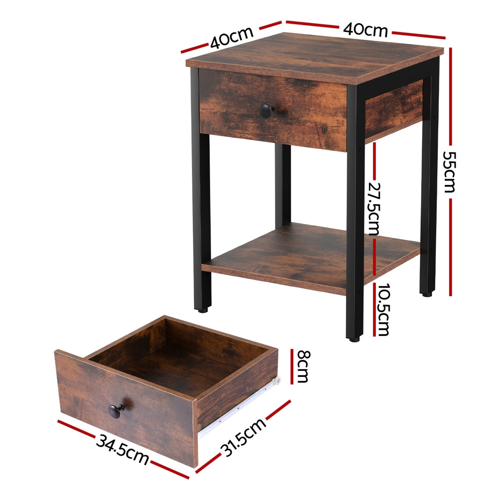 Bedside Table Nightstand 1 Drawer Shelves Walnut with metal legs, one drawer, and open lower shelf for bedroom furniture.