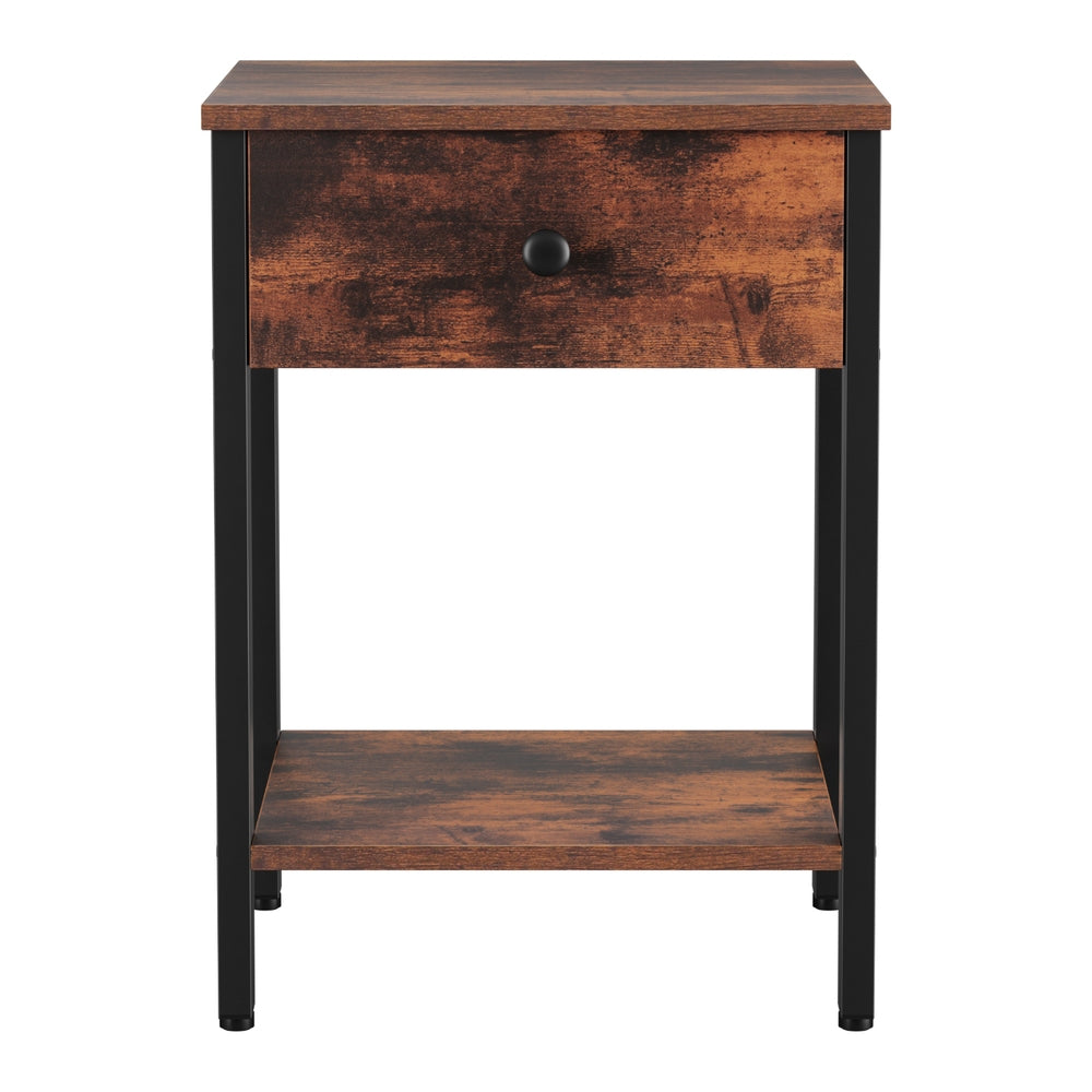 Bedside Table Nightstand 1 Drawer Shelves Walnut with metal knob, open shelf, and black metal legs for bedroom furniture