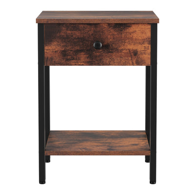 Bedside Table Nightstand 1 Drawer Shelves Walnut with metal knob, open shelf, and black metal legs for bedroom furniture