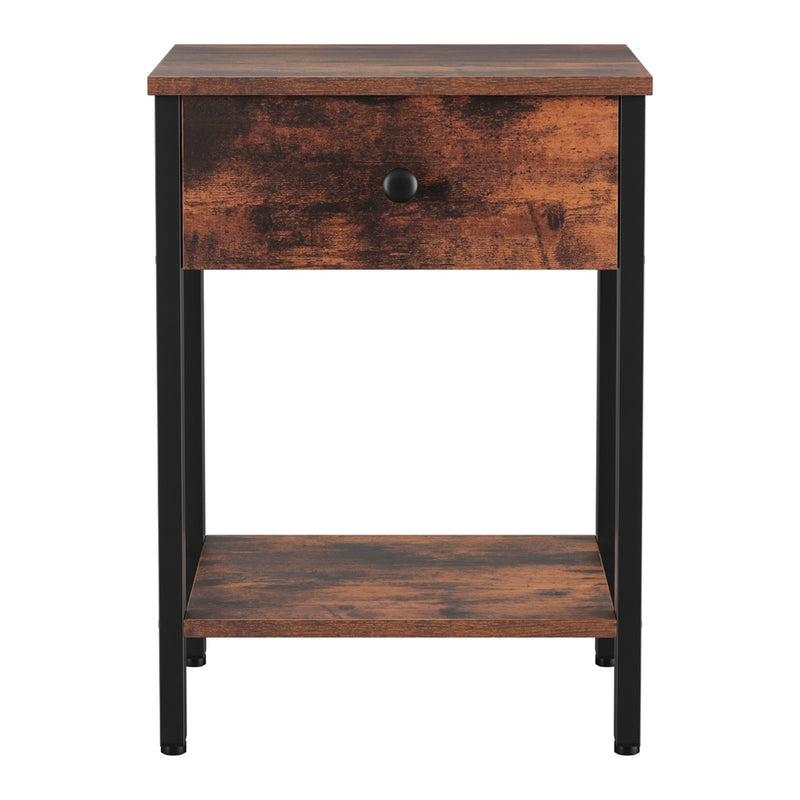 Bedside Table Nightstand 1 Drawer Shelves Walnut with metal knob, open shelf, and black metal legs for bedroom furniture