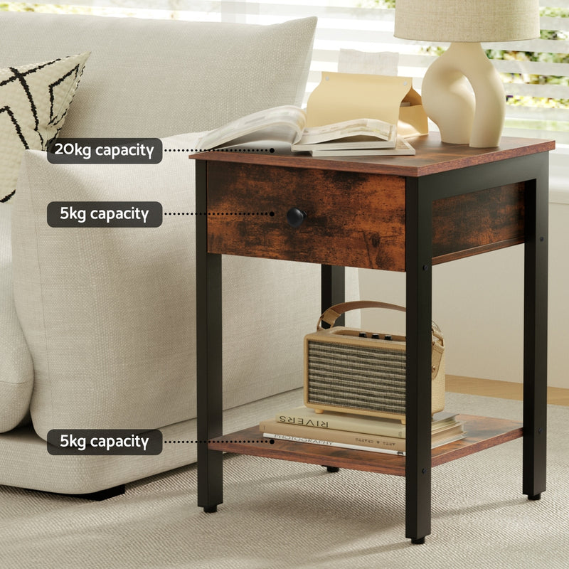 Bedside Table Nightstand 1 Drawer Shelves Walnut with metal frame, spacious drawer, lower shelf, shown holding books and lamp