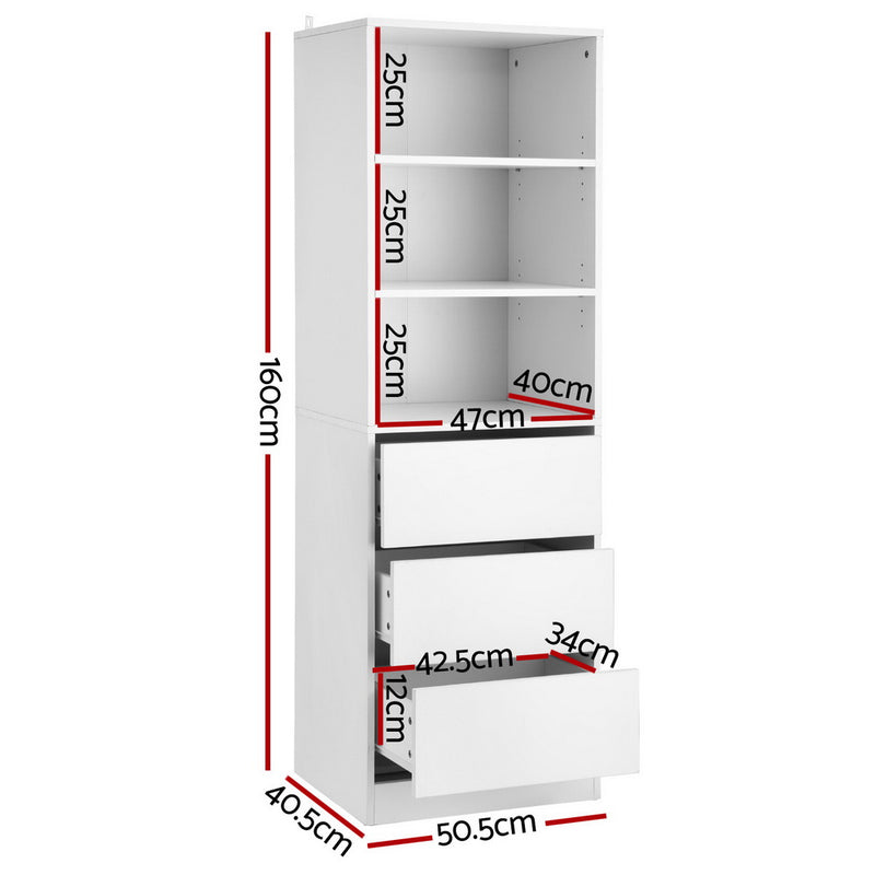 3 Chest of Drawers Tallboy Cabinet White with three adjustable shelves and smooth-gliding drawers for bedroom storage