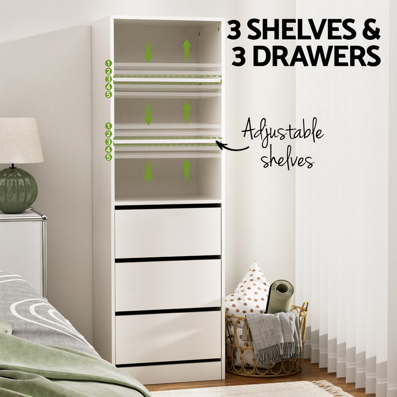 3 Chest of Drawers Tallboy Cabinet White with 3 smooth drawers and adjustable shelves in a modern bedroom setting