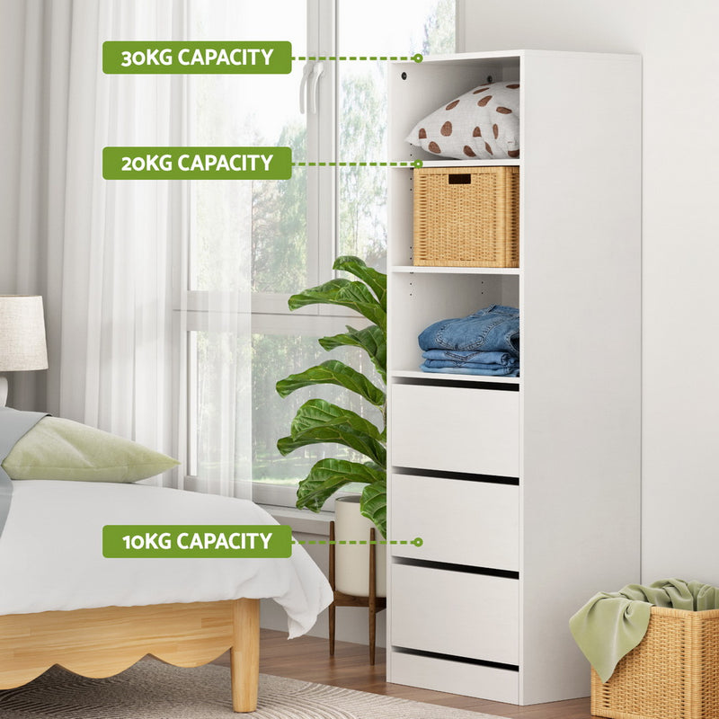 3 Chest of Drawers Tallboy Cabinet White with adjustable shelves and smooth-gliding drawers in bedroom setting