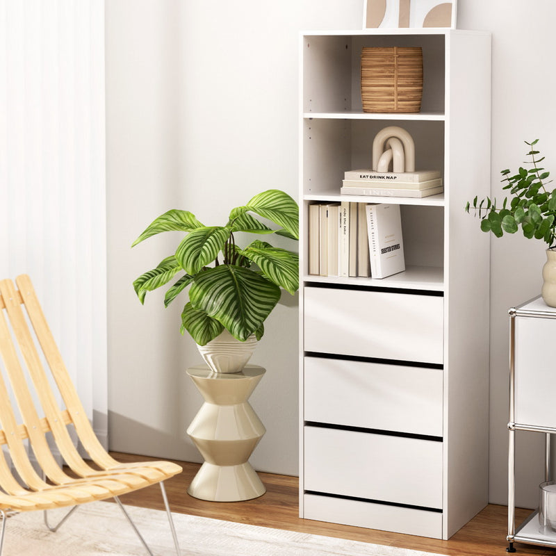 3 Chest of Drawers Tallboy Cabinet White with adjustable shelves, smooth drawers, displayed with books and decor in bedroom setting
