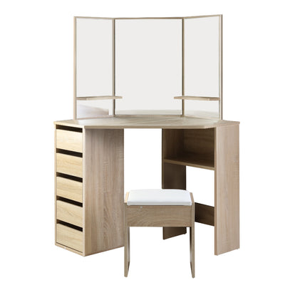 Corner Dressing Table Mirror Stool Set Makeup Vanity Desk Chair Oak with five drawers and cushioned stool in oak finish
