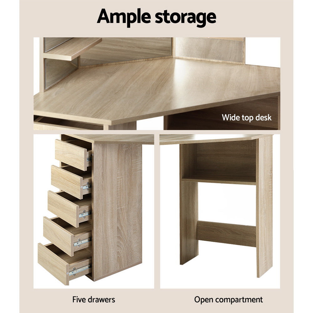 Corner Dressing Table Mirror Stool Set Makeup Vanity Desk Chair Oak with wide top desk, five drawers, and open storage compartment