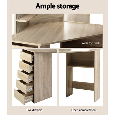Corner Dressing Table Mirror Stool Set Makeup Vanity Desk Chair Oak with wide top desk, five drawers, and open storage compartment