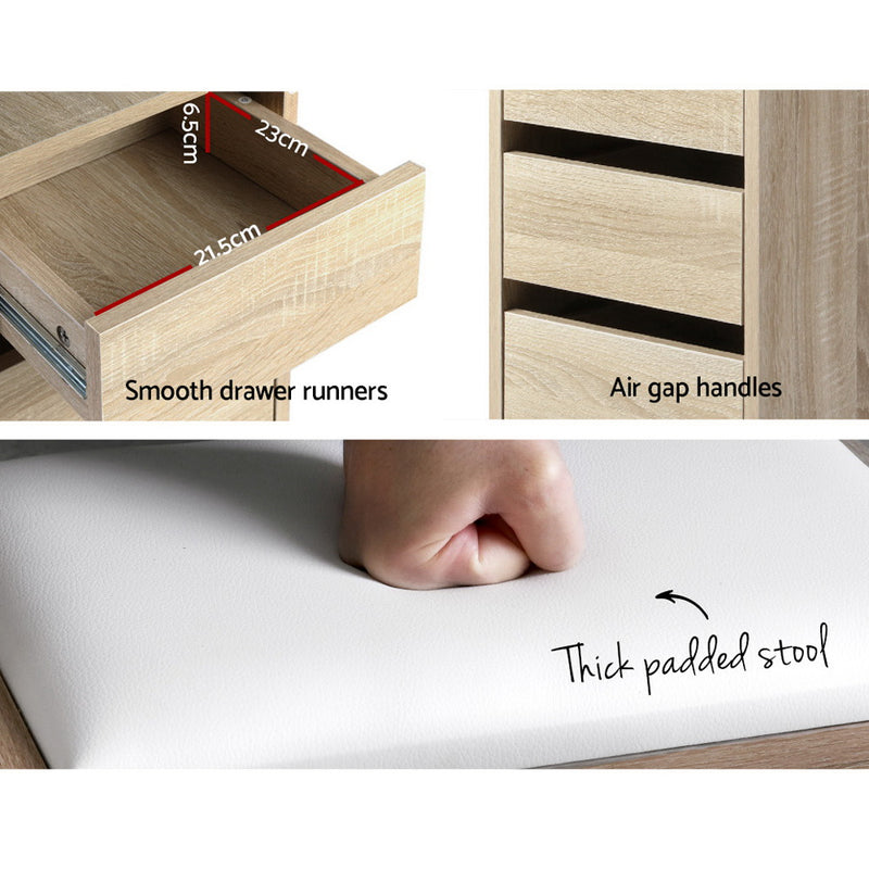 Corner Dressing Table Mirror Stool Set Makeup Vanity Desk Chair Oak showing drawer, air gap handles, and thick padded stool close-up