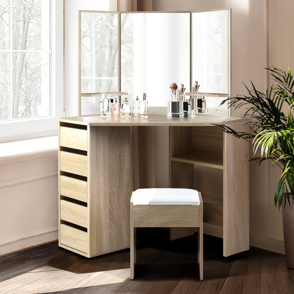 Corner Dressing Table Mirror Stool Set Makeup Vanity Desk Chair Oak