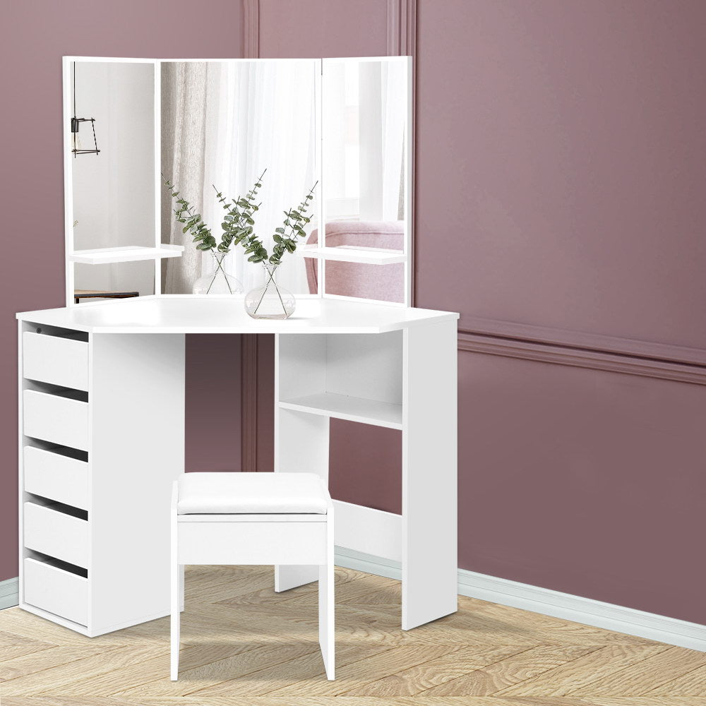 Corner Dressing Table With Mirror Stool White Mirrors Makeup Tables Chair with drawers and cushioned stool in bedroom setting