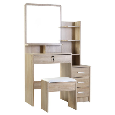 Dressing Table Mirror Stool Set Vanity Makeup Desk Organizer Drawer Oak with cushioned stool and shelving unit