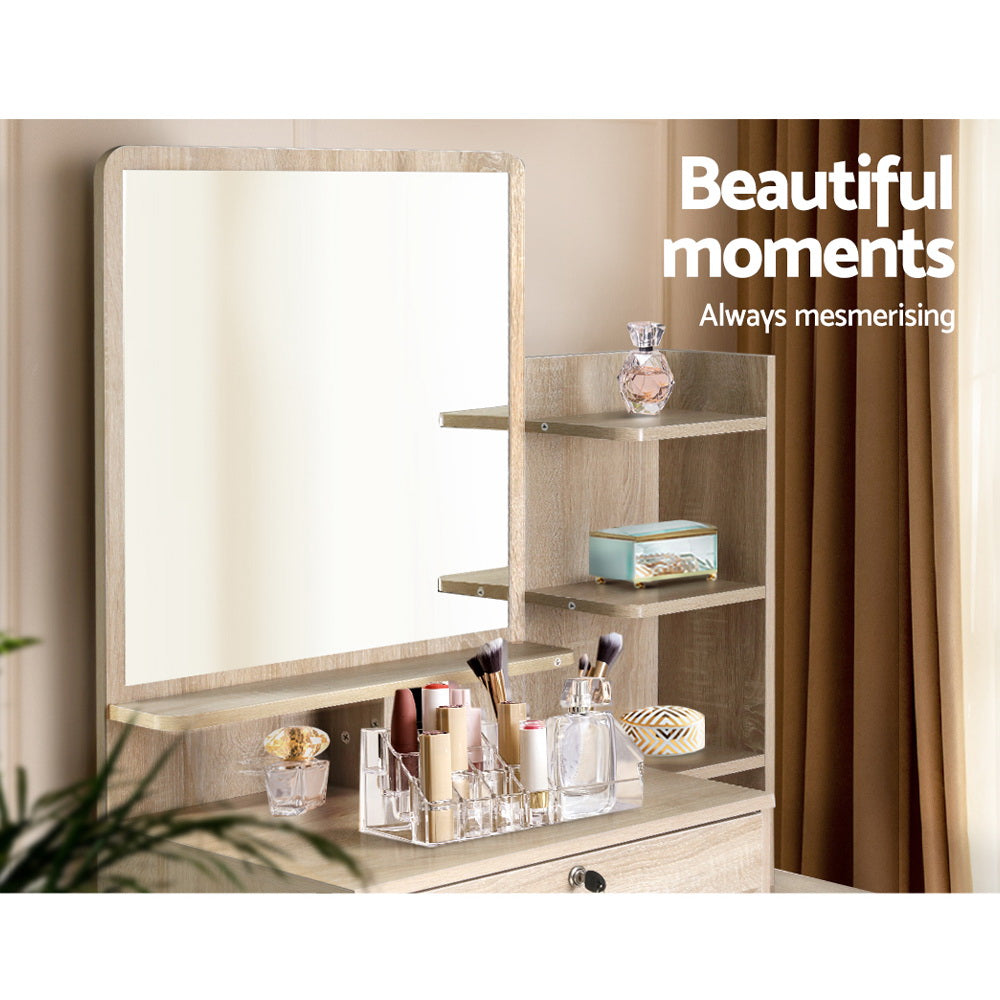 Dressing Table Mirror Stool Set Vanity Makeup Desk Organizer Drawer Oak