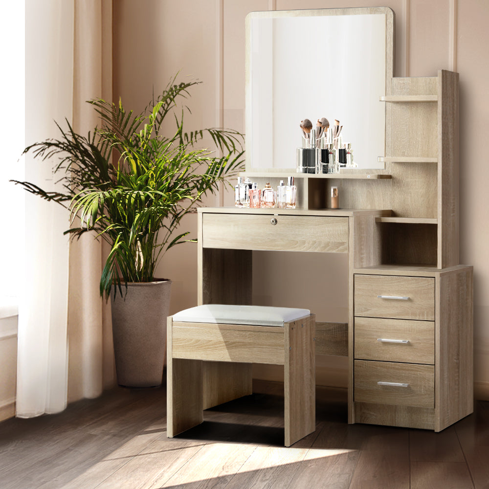 Dressing Table Mirror Stool Set Vanity Makeup Desk Organizer Drawer Oak