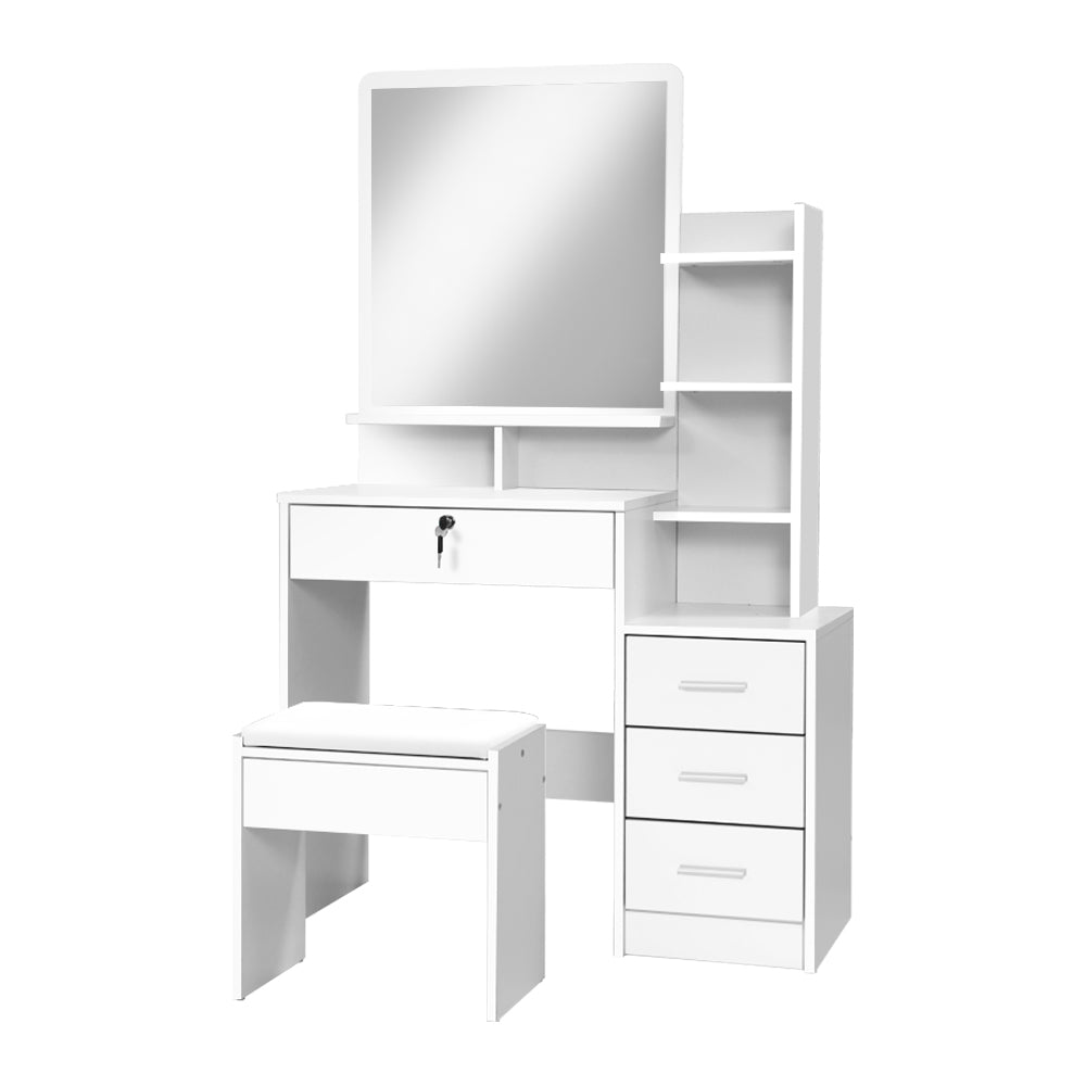 Dressing Table Mirror Stool Jewellery Cabinet Makeup Organizer Drawer in white with drawers and open shelves for bedroom furniture