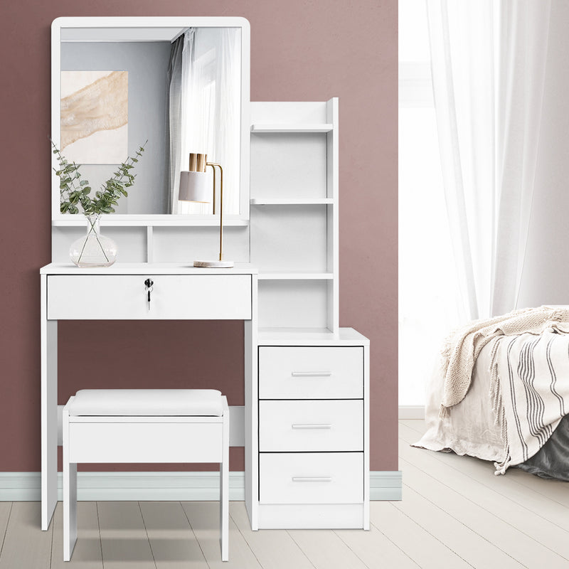 Dressing Table Mirror Stool Jewellery Cabinet Makeup Organizer Drawer in white with drawers, shelves, and padded stool in bedroom setting