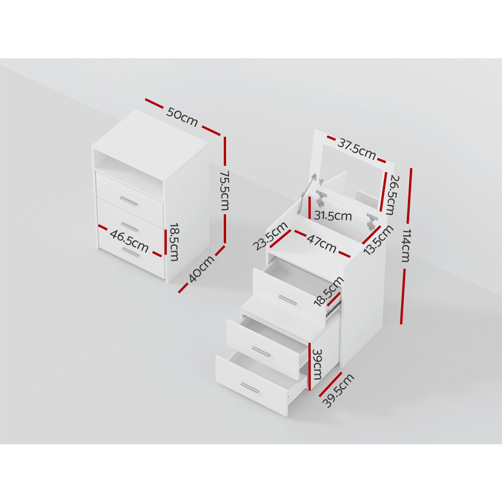 2-in-1 Bedside Dressing Table with Hidden Mirror and Stool - White-4