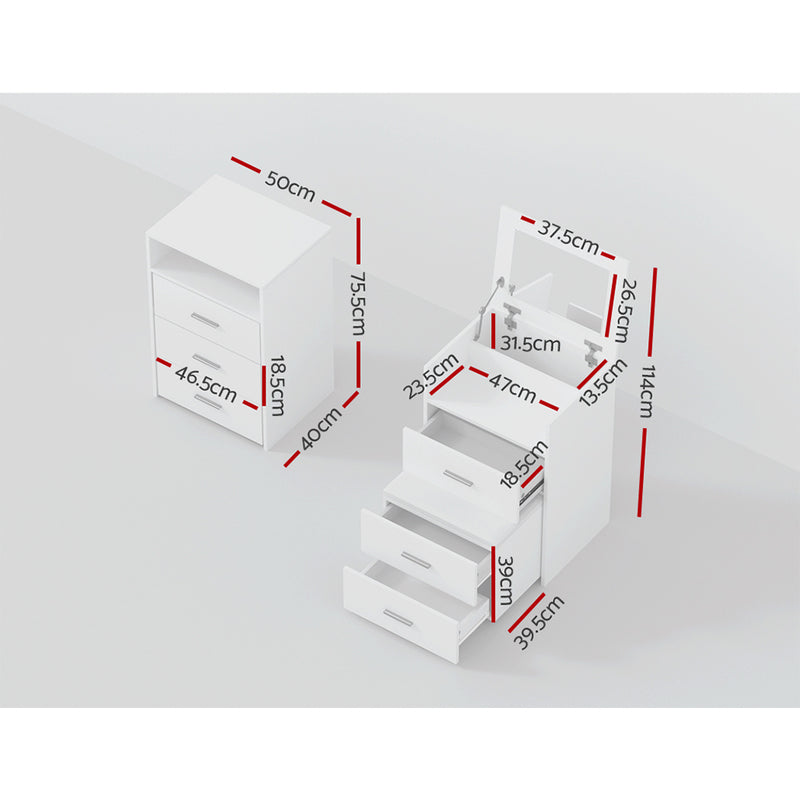 2-in-1 Bedside Dressing Table with Hidden Mirror and Stool - White-4