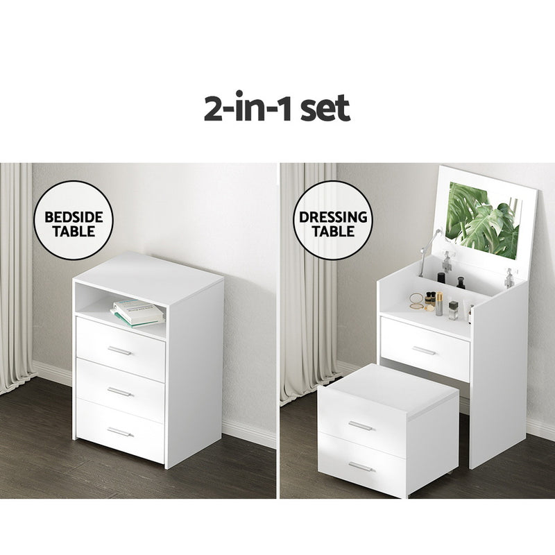 2-in-1 Bedside Dressing Table with Hidden Mirror and Stool - White-6