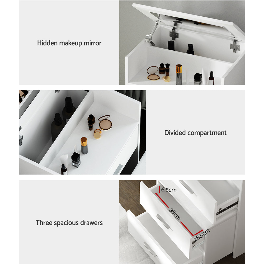 2-in-1 Bedside Dressing Table with Hidden Mirror and Stool - White-7