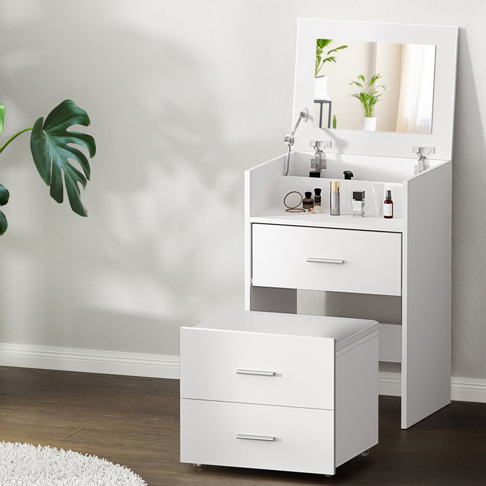 2-in-1 Bedside Dressing Table with Hidden Mirror and Stool - White, with storage drawer and makeup items displayed