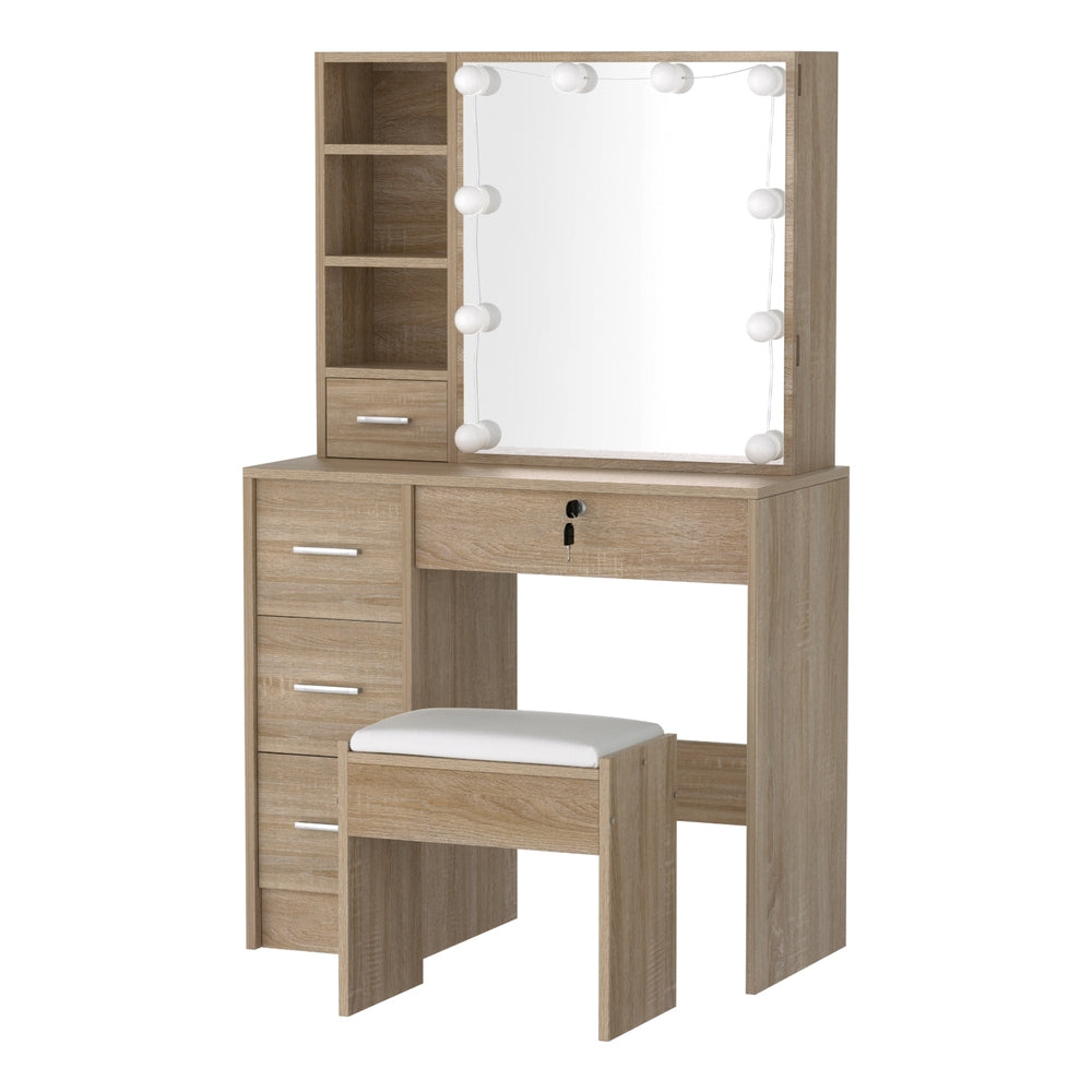 Dressing Table Set Stool 10 Led Bulbs Wood with large mirror, storage drawers, shelves, and cushioned stool in light wood finish
